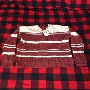 Pink Rose Lace Up Striped Sweater